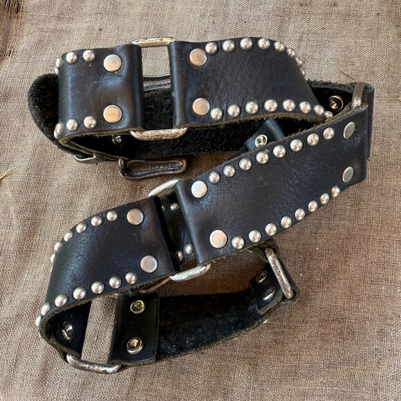 Very Worn Studded Black Leather Belt Leatherock - Picture 7 of 10